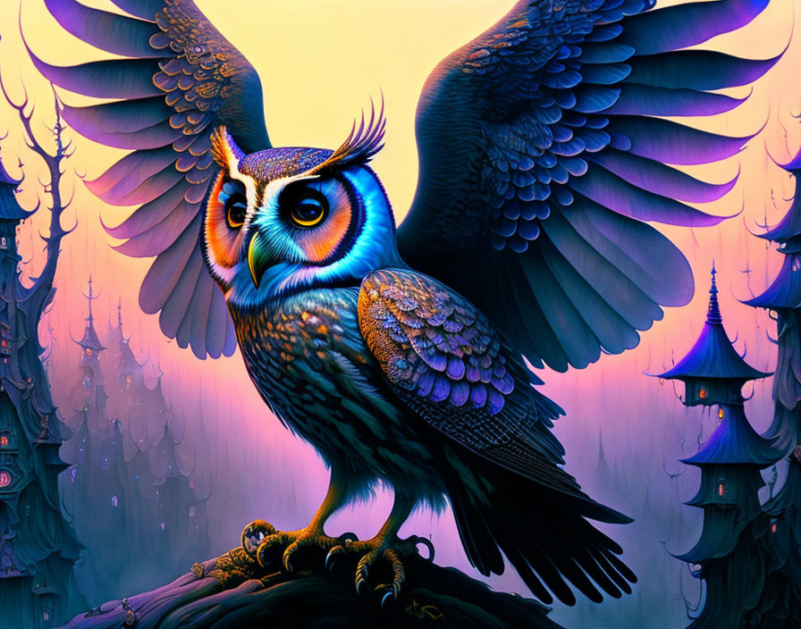 Colorful Stylized Owl with Outstretched Wings in Oriental Towers Setting