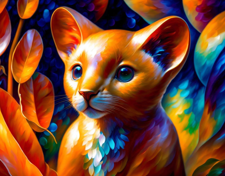 Colorful surreal artwork featuring an orange cat and feathers in vibrant foliage