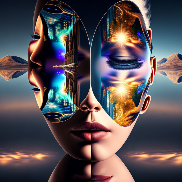 Symmetrical face split in two with fantastical landscapes within, against dual-toned background