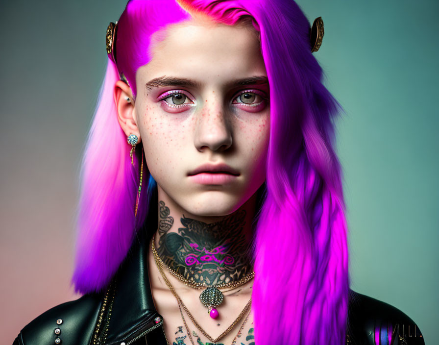 Portrait of a person with bright pink hair, freckles, choker, and tattoos