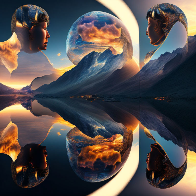 Surreal composite artwork featuring profile views of statuesque head, landscapes, and reflective earthy sphere