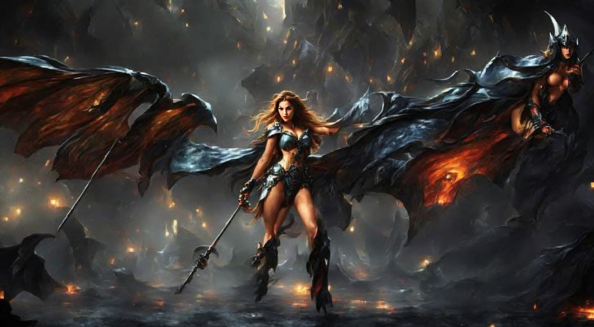 Fantasy female warriors in armor with shield, lasso, wings, and sword on fiery battlefield