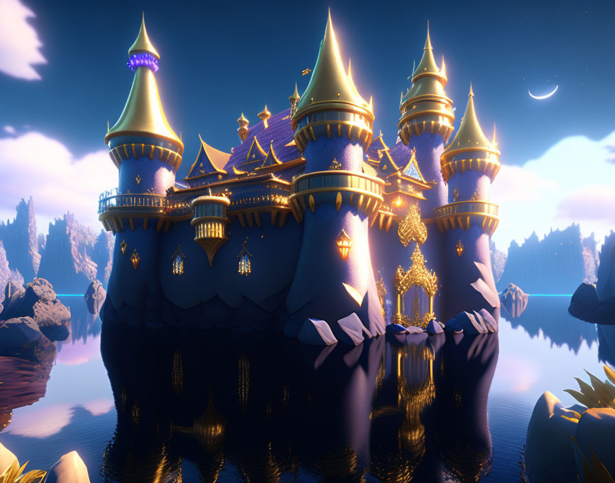 Fantasy castle digital illustration with spires and crescent moon