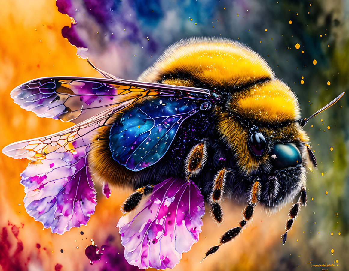 Colorful painting of bumblebee with translucent wings on abstract background