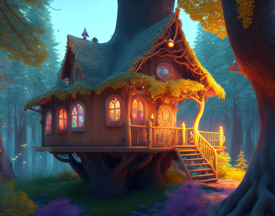 Enchanting treehouse in magical forest with balcony, staircase, and colorful flora