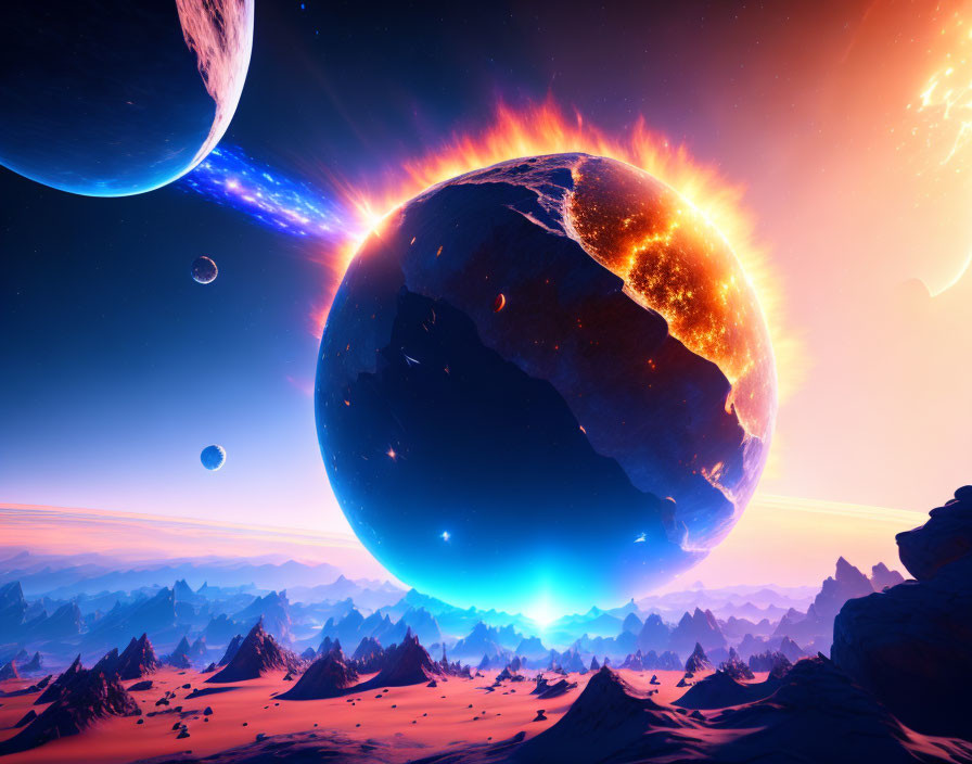 Fiery planet, mountainous terrain, starry sky with celestial bodies.