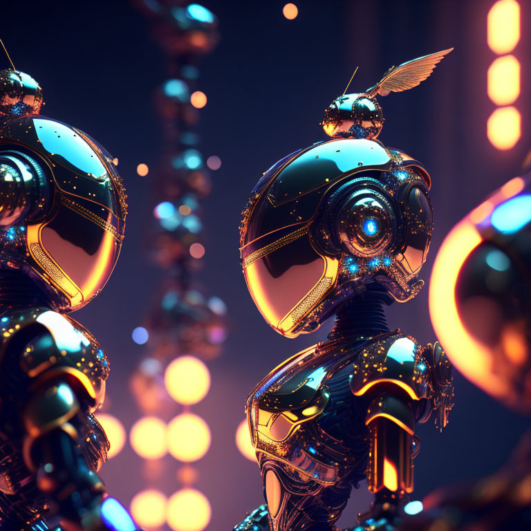 Futuristic black robots with illuminated details in a neon-lit scene