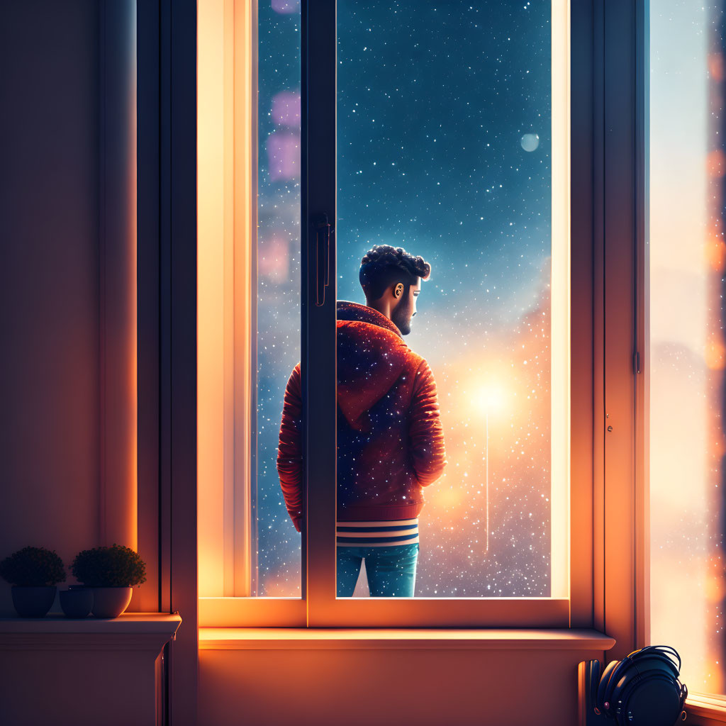 Person in warm jacket gazes at snowy night sky through window with headphones.