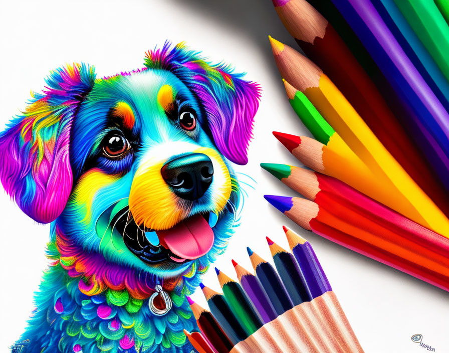 Colorful Dog Illustration with Rainbow Palette and Colored Pencils