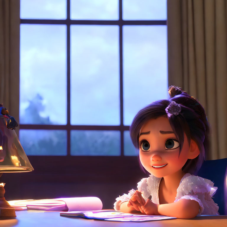 Young girl with large eyes smiling at desk with book in softly lit room