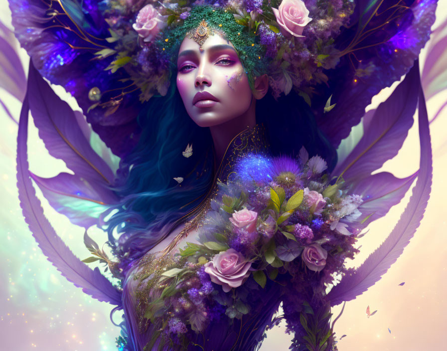 Blue-haired mystical female with floral headdress and butterflies.