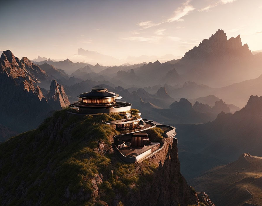 Futuristic building with terraces on rugged mountain peak at sunset