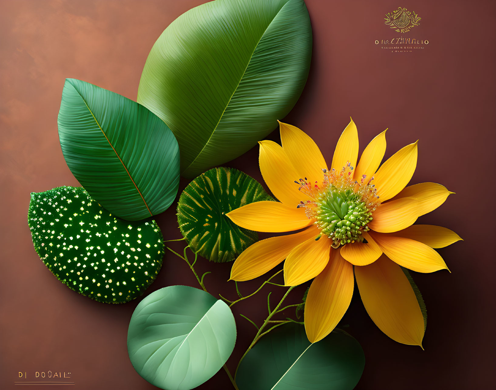 Bright Yellow Flower Among Assorted Green Leaves on Brown Background