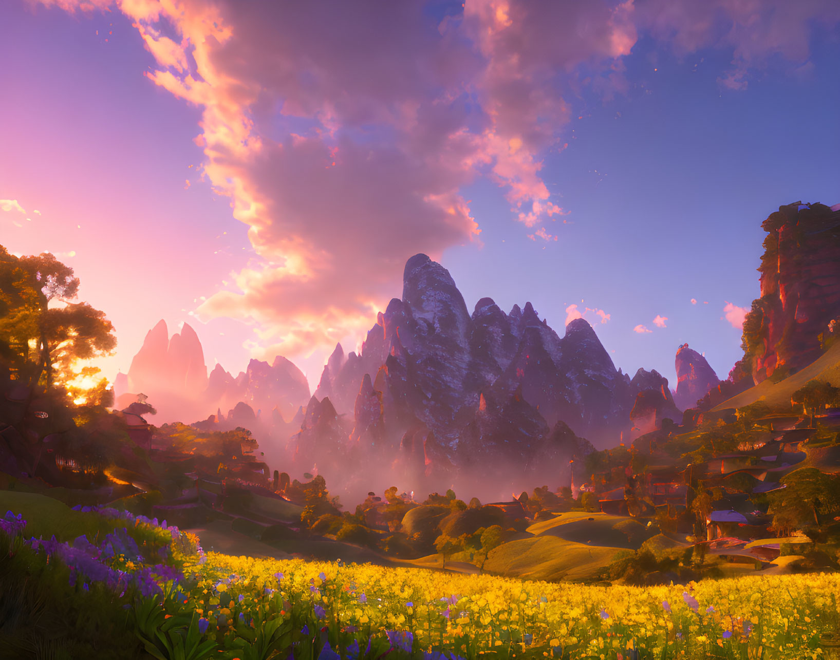 Vibrant flowers, misty mountains, and radiant sunset in dreamy landscape