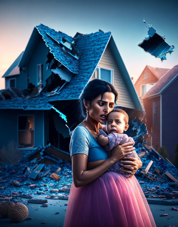 Woman Holding Baby in Front of Floating House at Twilight