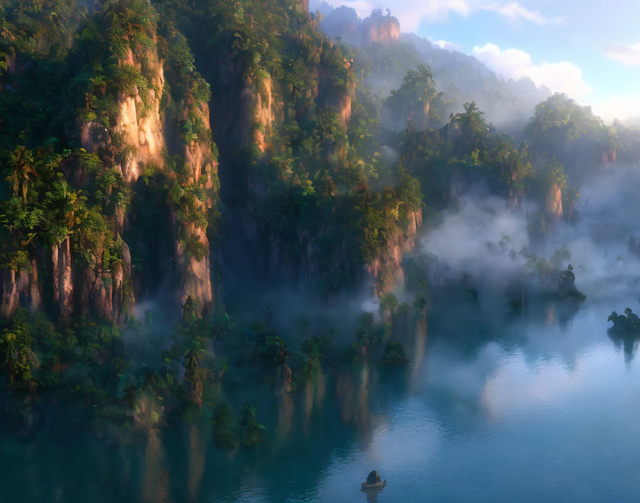 Tranquil sunrise scene: misty mountains, greenery, blue lake, boat in fog