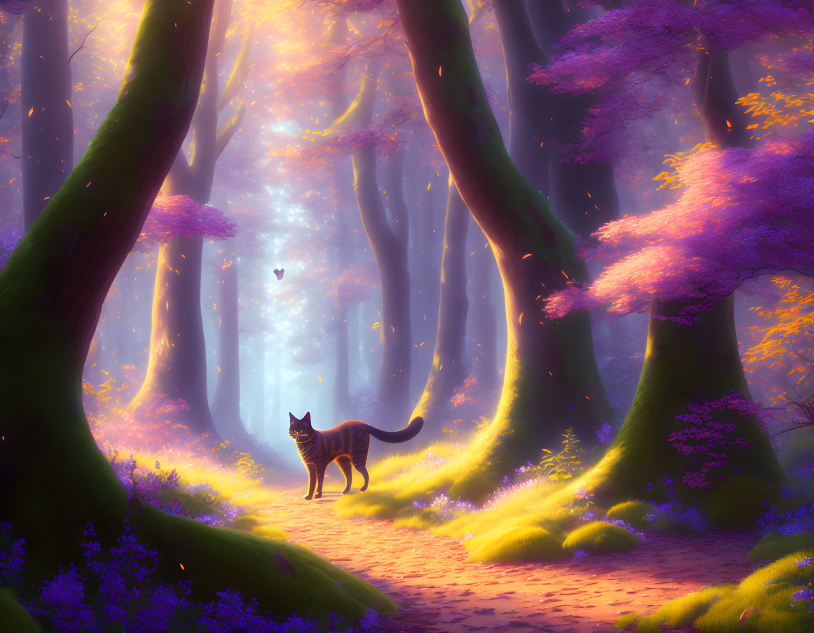 Cat exploring mystical forest path with towering trees and purple foliage under ethereal light