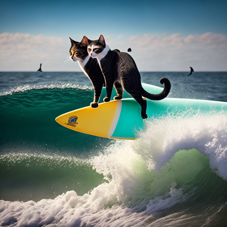 Focused cat surfing wave on yellow surfboard with sunny sky and distant surfers