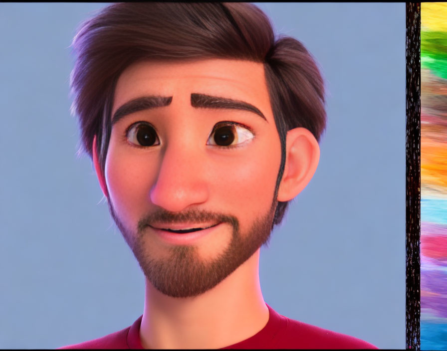 Male animated character with beard and brown hair smiling on blue background