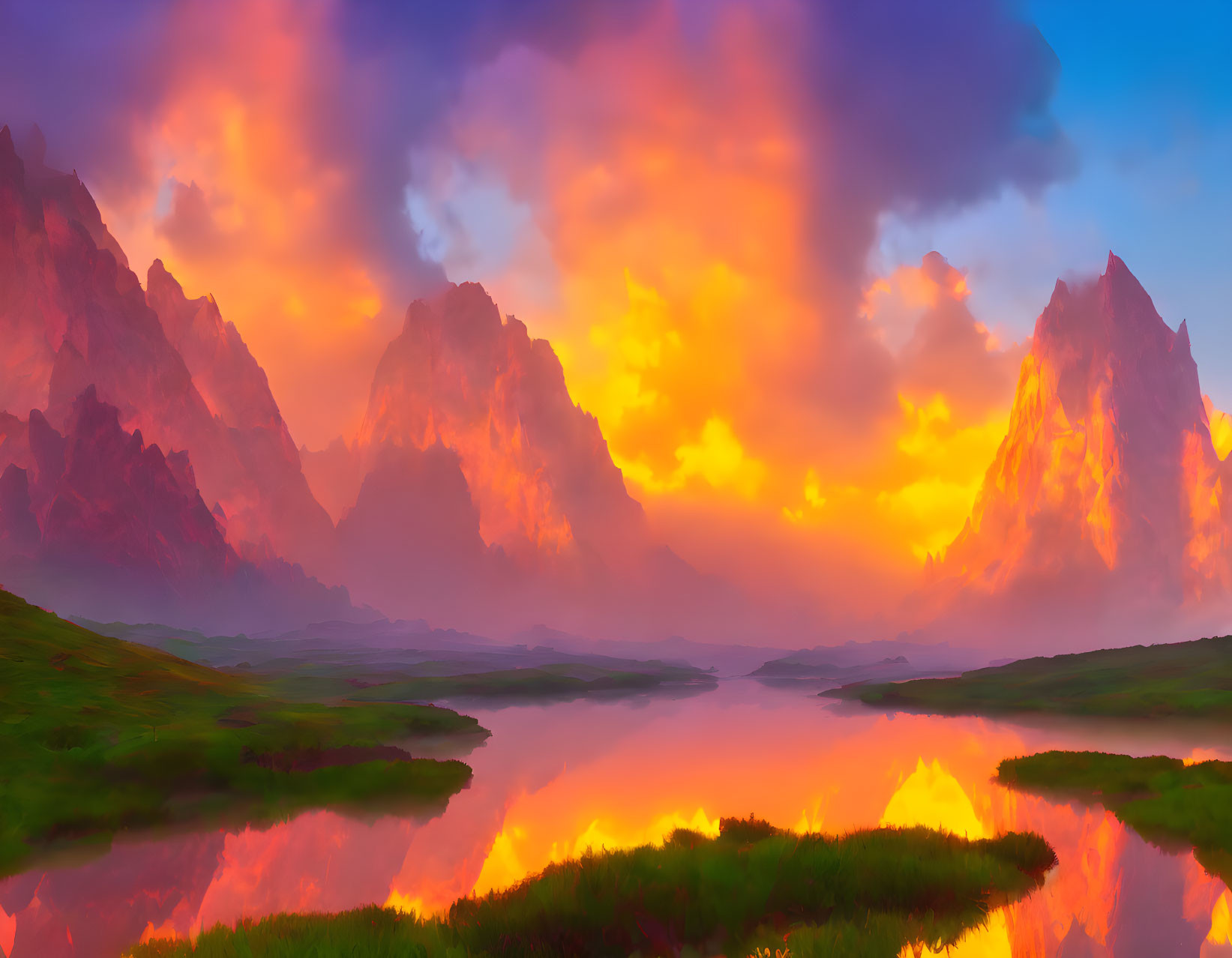 Scenic sunset over mountain landscape and river reflection