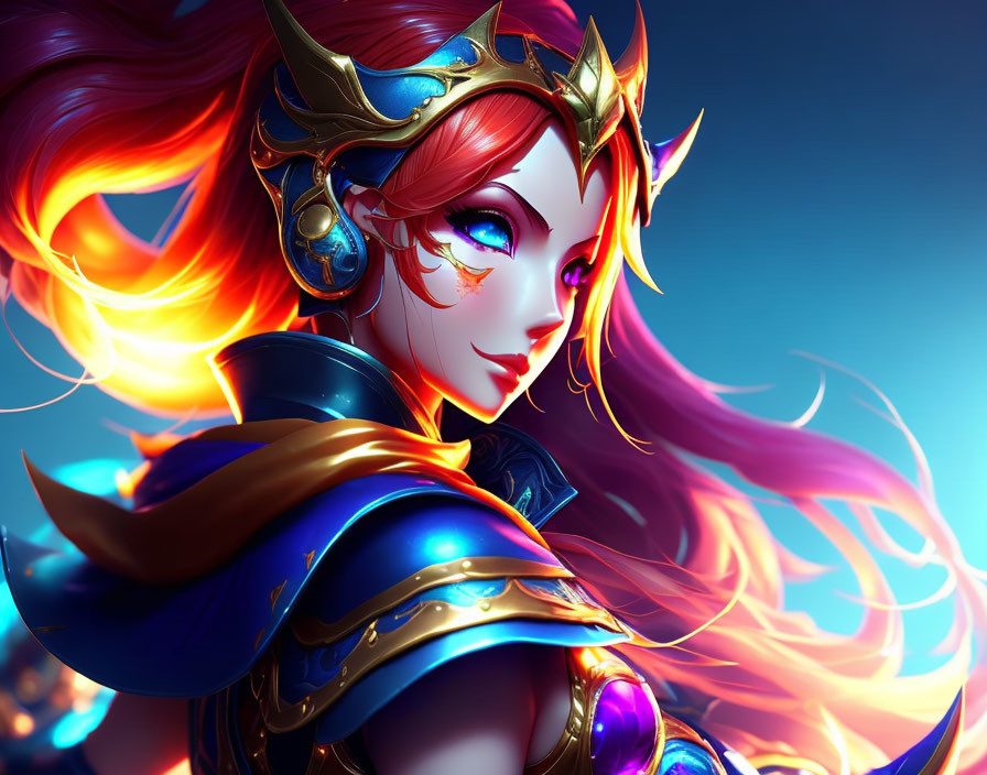 Illustration of female character with red hair, golden crown, and blue armor