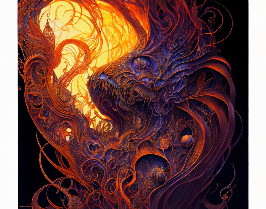 Dragon fantasy art with intricate designs on fiery orange backdrop