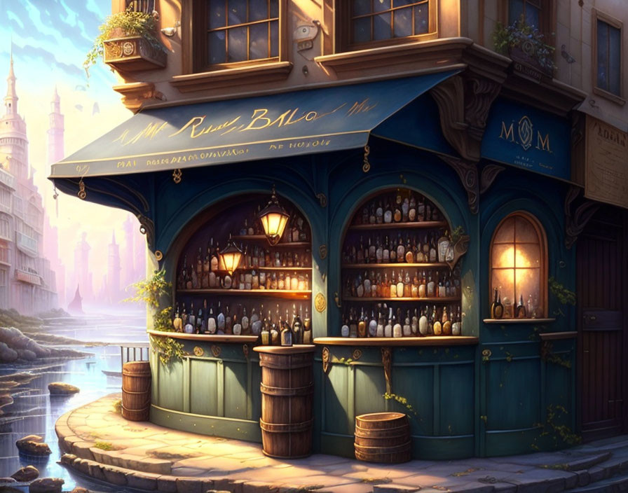 Fantasy potion shop with glass bottles and elegant signage