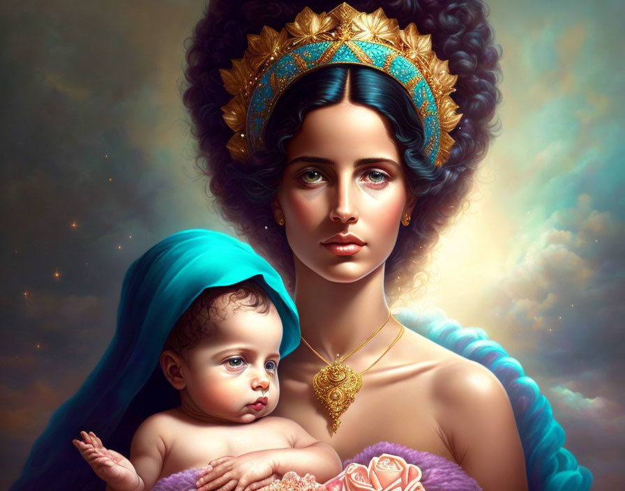 Portrait of woman with crown holding infant in halo, glowing against cloudy background