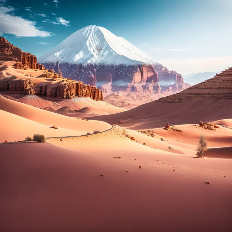 Surreal desert landscape with orange dunes, winding path, and snow-capped mountain