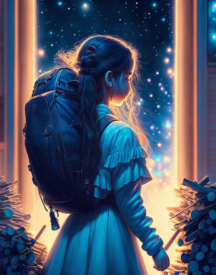 Girl with Large Backpack Staring at Star-Filled Portal in Night Sky