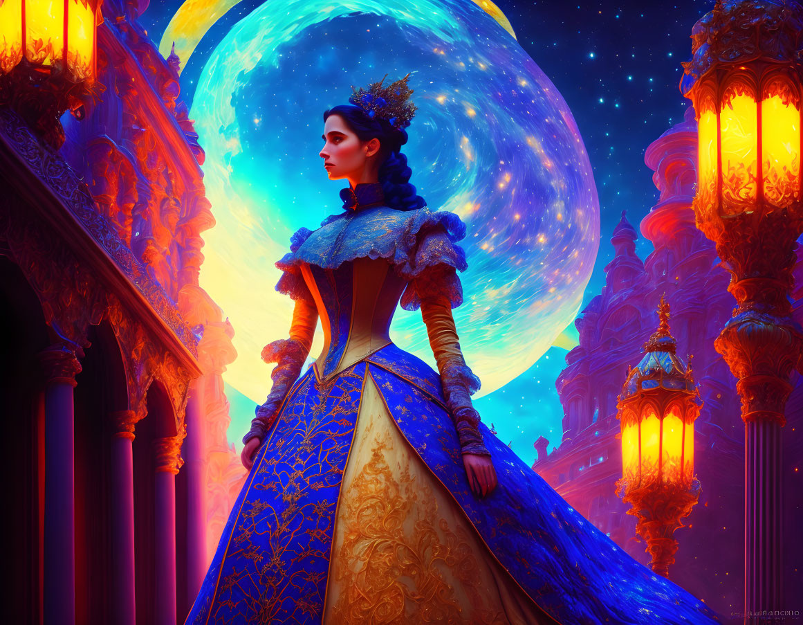 Victorian gown woman on balcony under surreal night sky