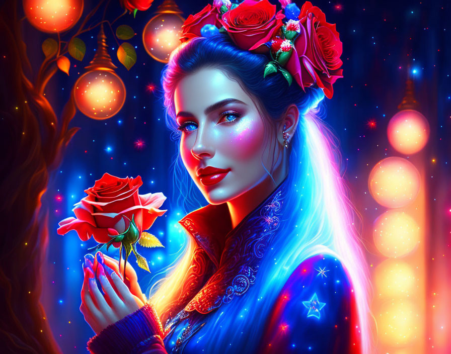 Radiant woman with floral crown holds bright rose against colorful backdrop