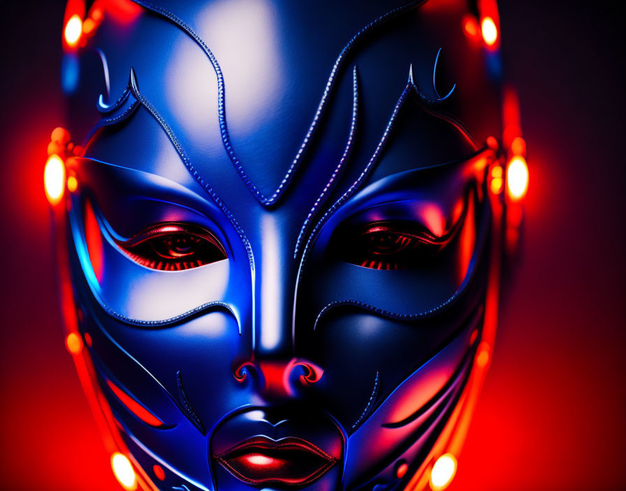 Futuristic mask with glowing red eyes and intricate designs