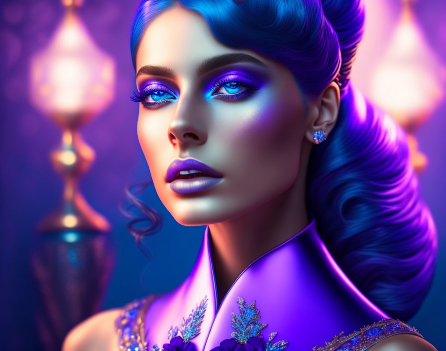 Blue-skinned woman portrait with vibrant makeup and styled hair against indigo-lit backdrop