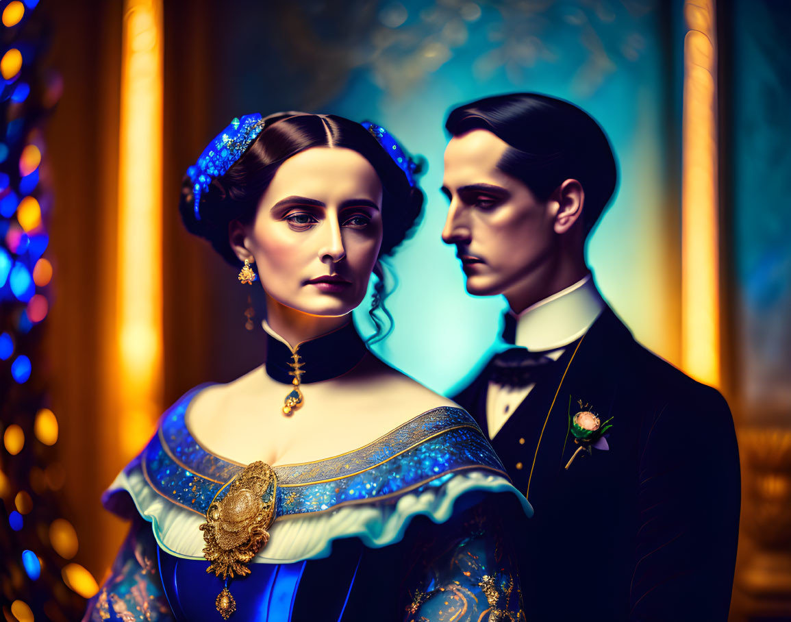 Elegant Victorian woman and man in grand opulent room