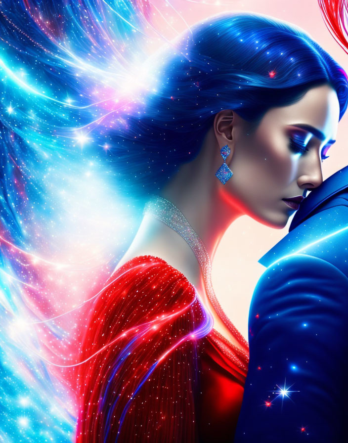 Colorful digital artwork: Woman with blue star-studded hair & man in blue suit against cosmic backdrop