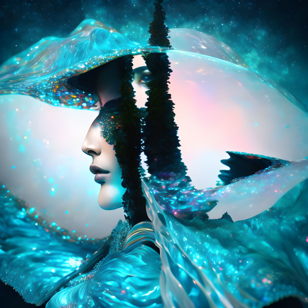 Surreal portrait of woman with fragmented cosmic face in blue fabric against starry backdrop