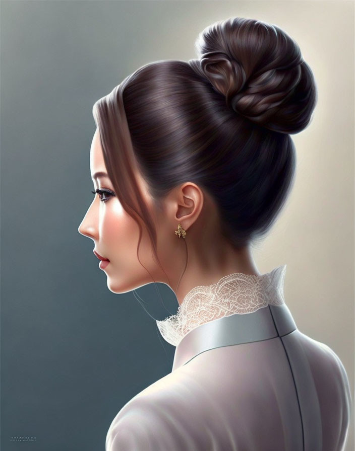 Profile of Woman with Elegant Bun Hairstyle & Lace Collar Blouse