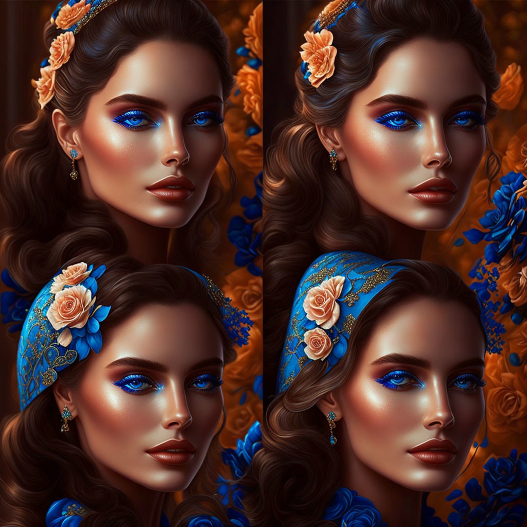 Digital art collage: Four identical woman portraits with blue makeup and floral hair accessories, surrounded by blue roses