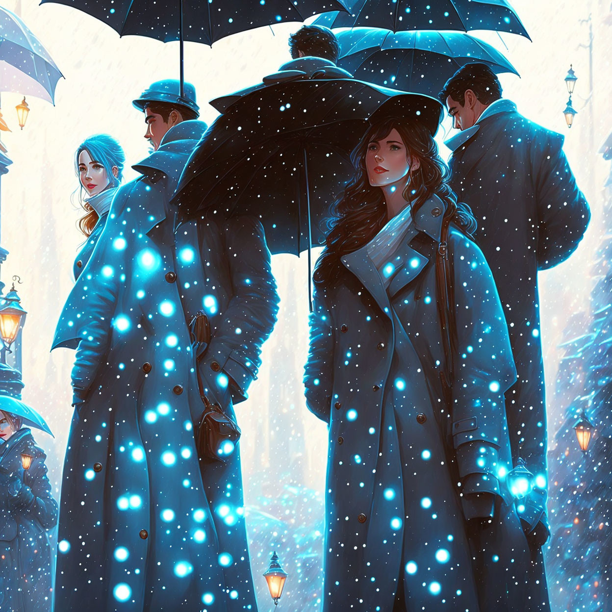 Winter scene with three figures in illuminated coats under umbrellas