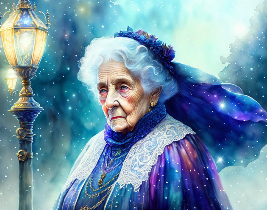 Elderly woman in blue dress and purple cape under celestial sky