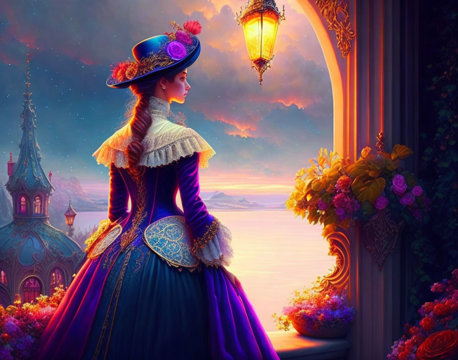 Victorian woman in vibrant dress by ornate window at sunset