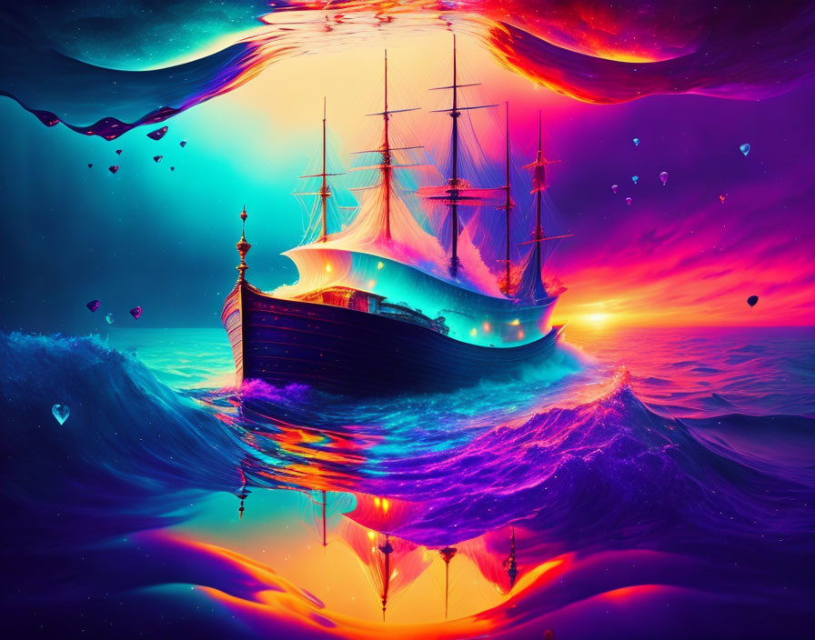 Colorful surreal seascape with sailing ship on wave-like forms under dreamlike sky