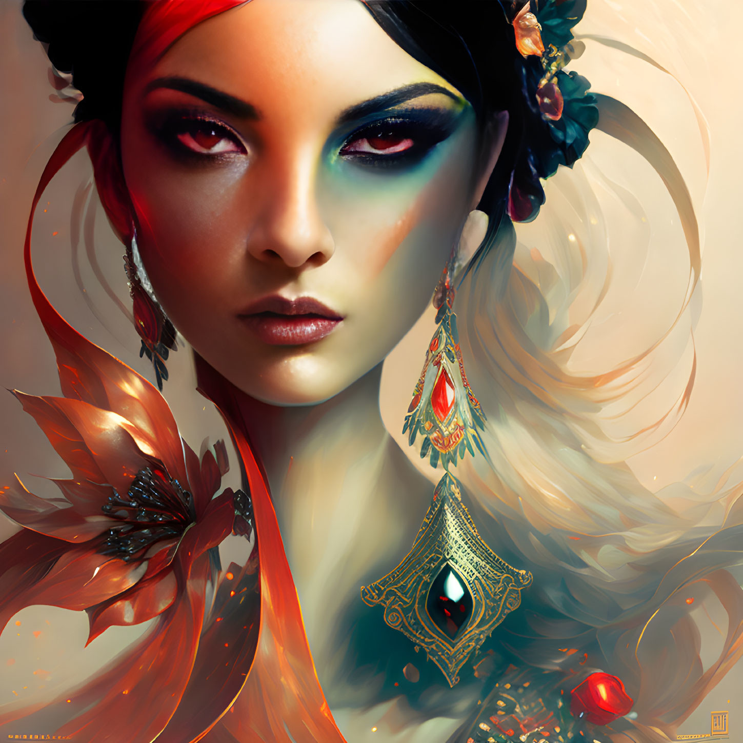 Digital Artwork: Woman with Amber Eyes, Red Hair, and Gold Jewelry