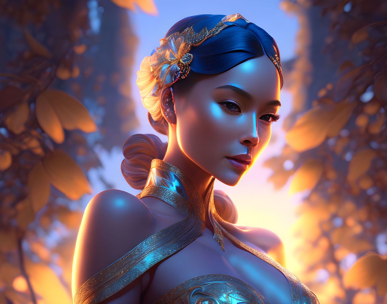 Golden accessories and blue hair highlights on a woman in 3D digital art