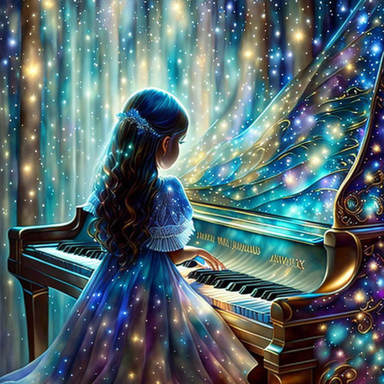Girl in Blue Starry Dress Playing Piano with Cosmic Lights
