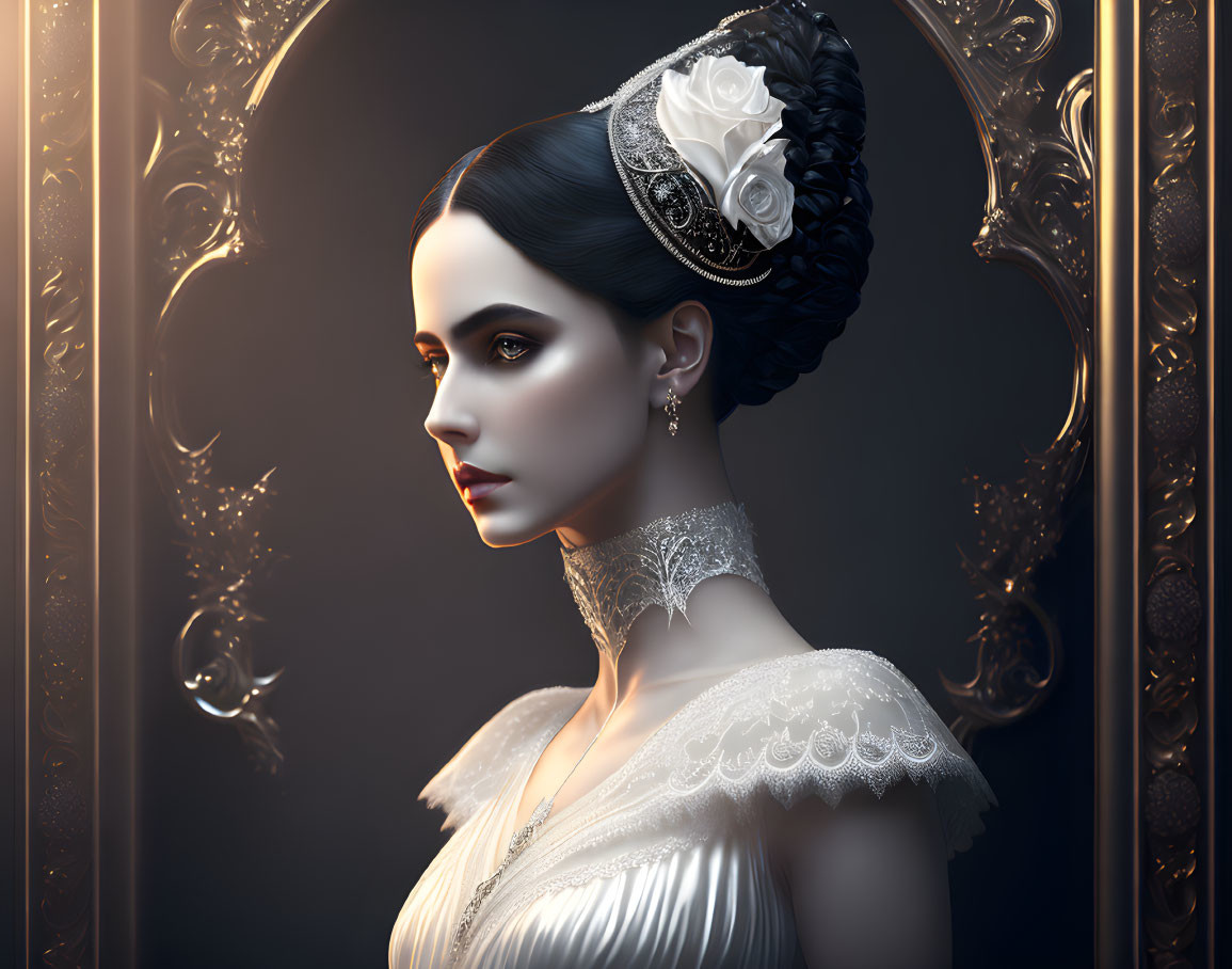 Victorian woman with white rose in hair and lace collar gazes reflectively in golden mirror