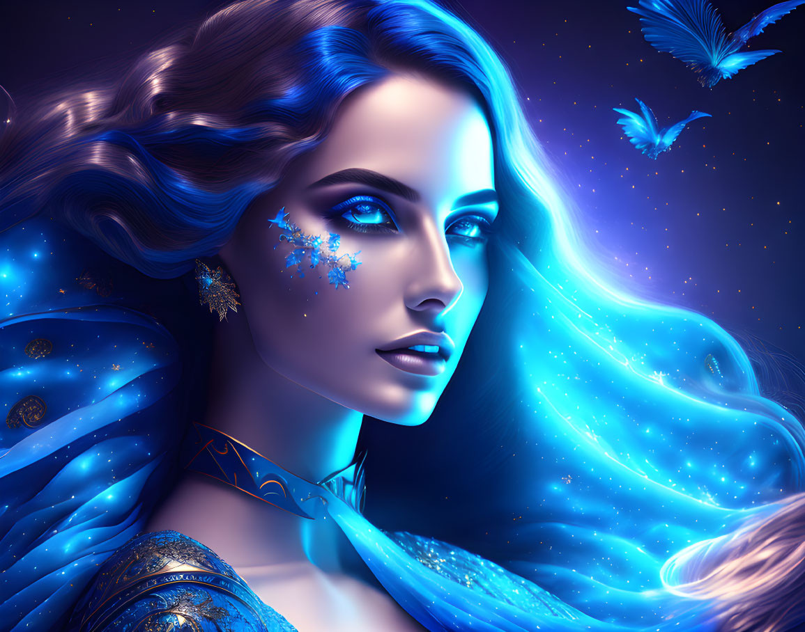 Digital artwork: Woman with luminescent blue skin, hair, star-like glitter, and feathers.