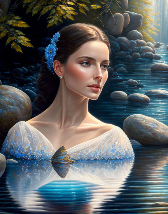 Woman with Brown Hair and Blue Flower in White Dress by Tranquil Blue Water in Forest