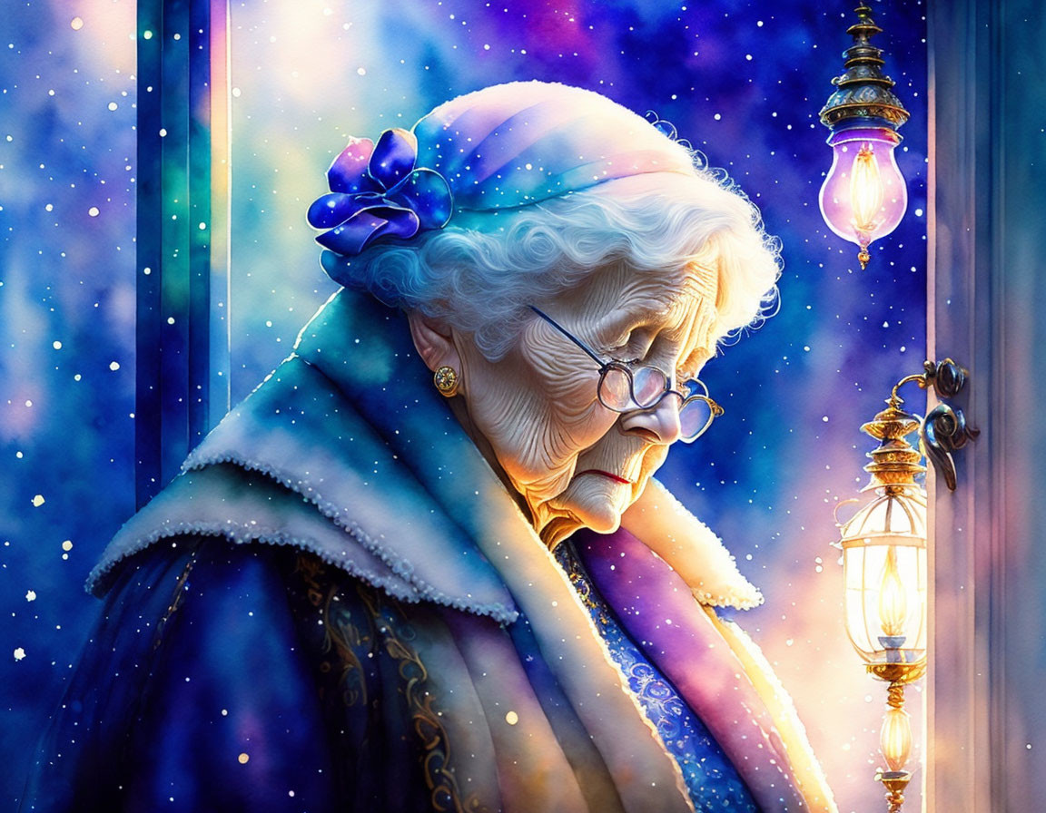 Elderly woman in glasses under lantern with starry sky background